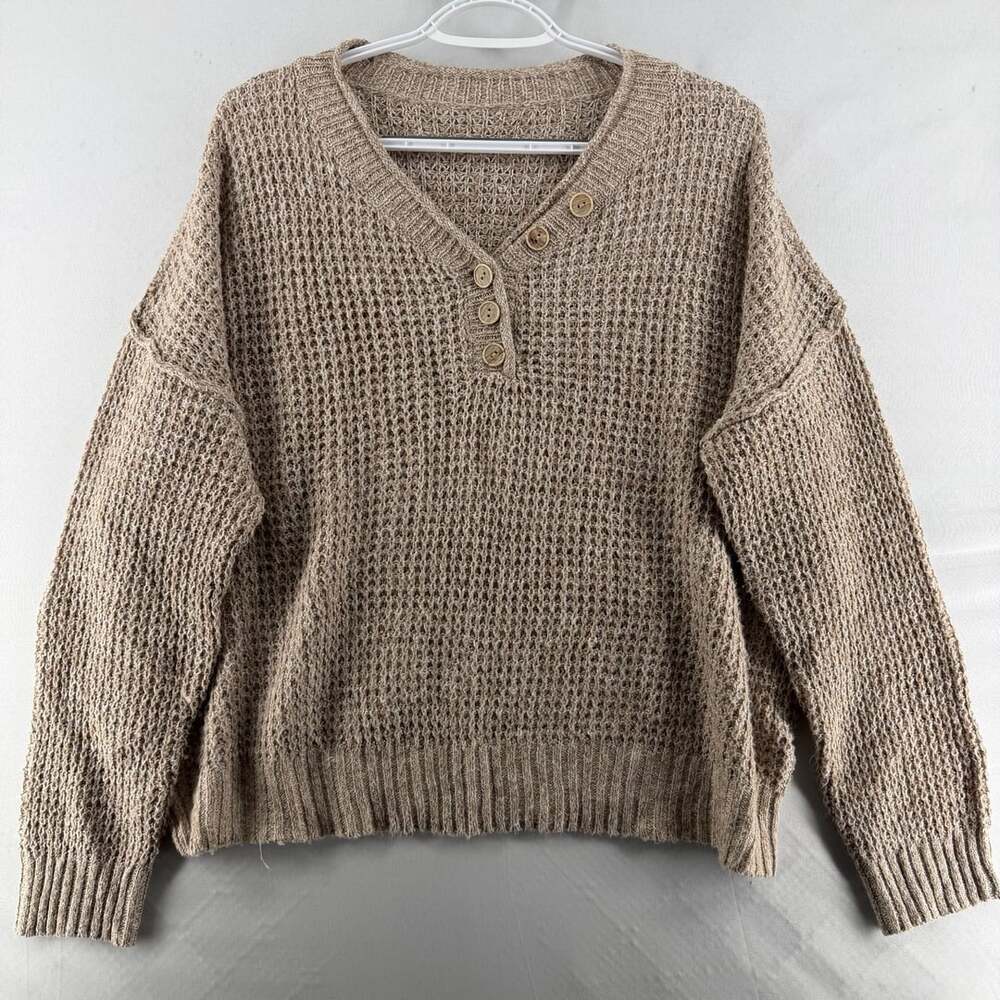 1516 Shein V-Neck Henley Sweater Size L 8/10 Beige Waffle Knit